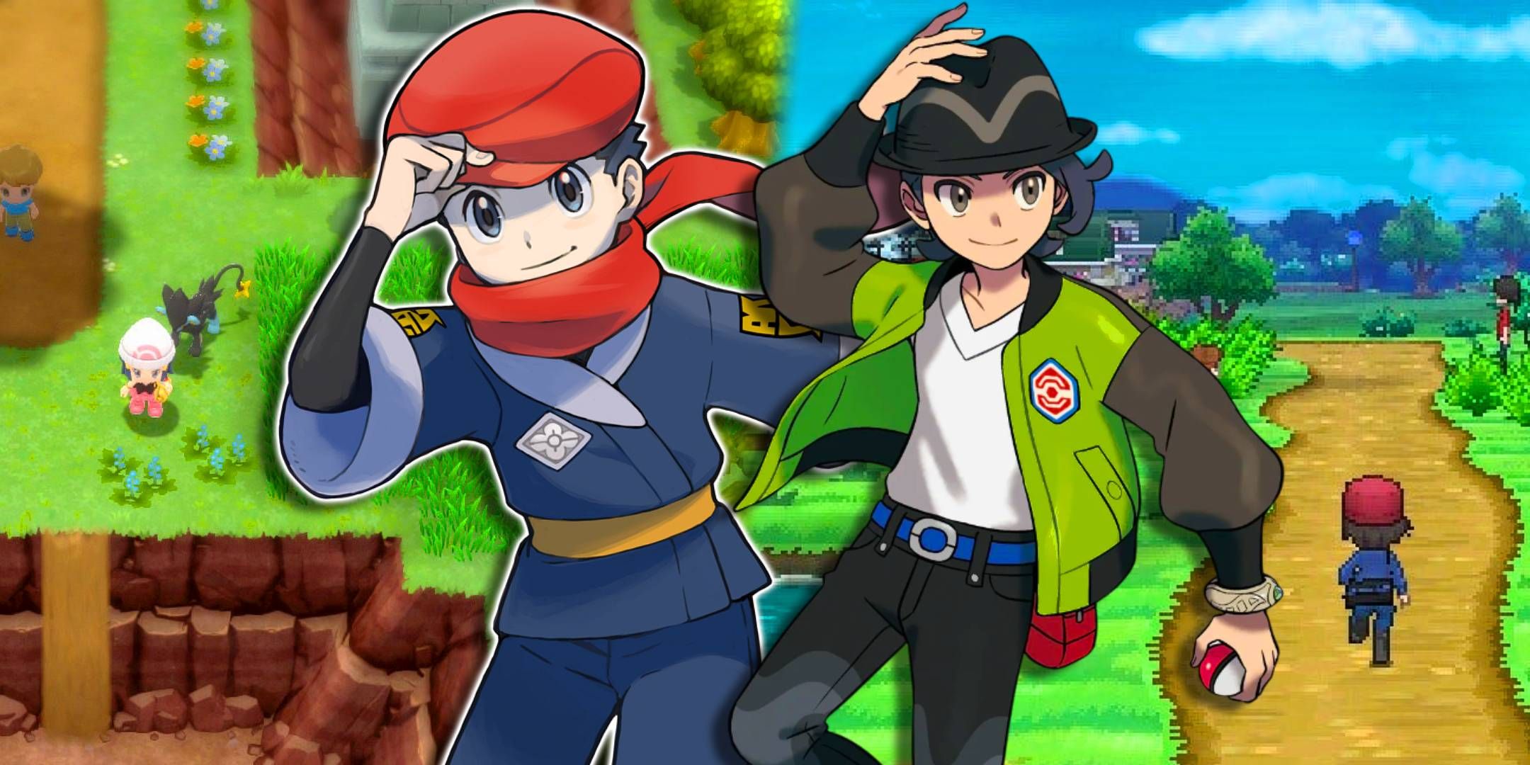 Trainers from Pokemon Legends Z-A and Arceus with gameplay from Brilliant Diamond and X &amp; Y behind them.