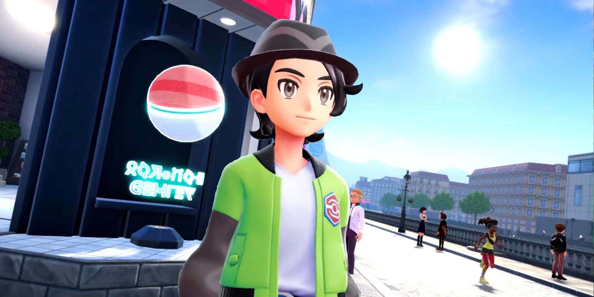 The male protagonist of Pokémon Legends: Z-A with the holographic Poké Ball sign of a Pokémon Center in Lumiose City behind him.