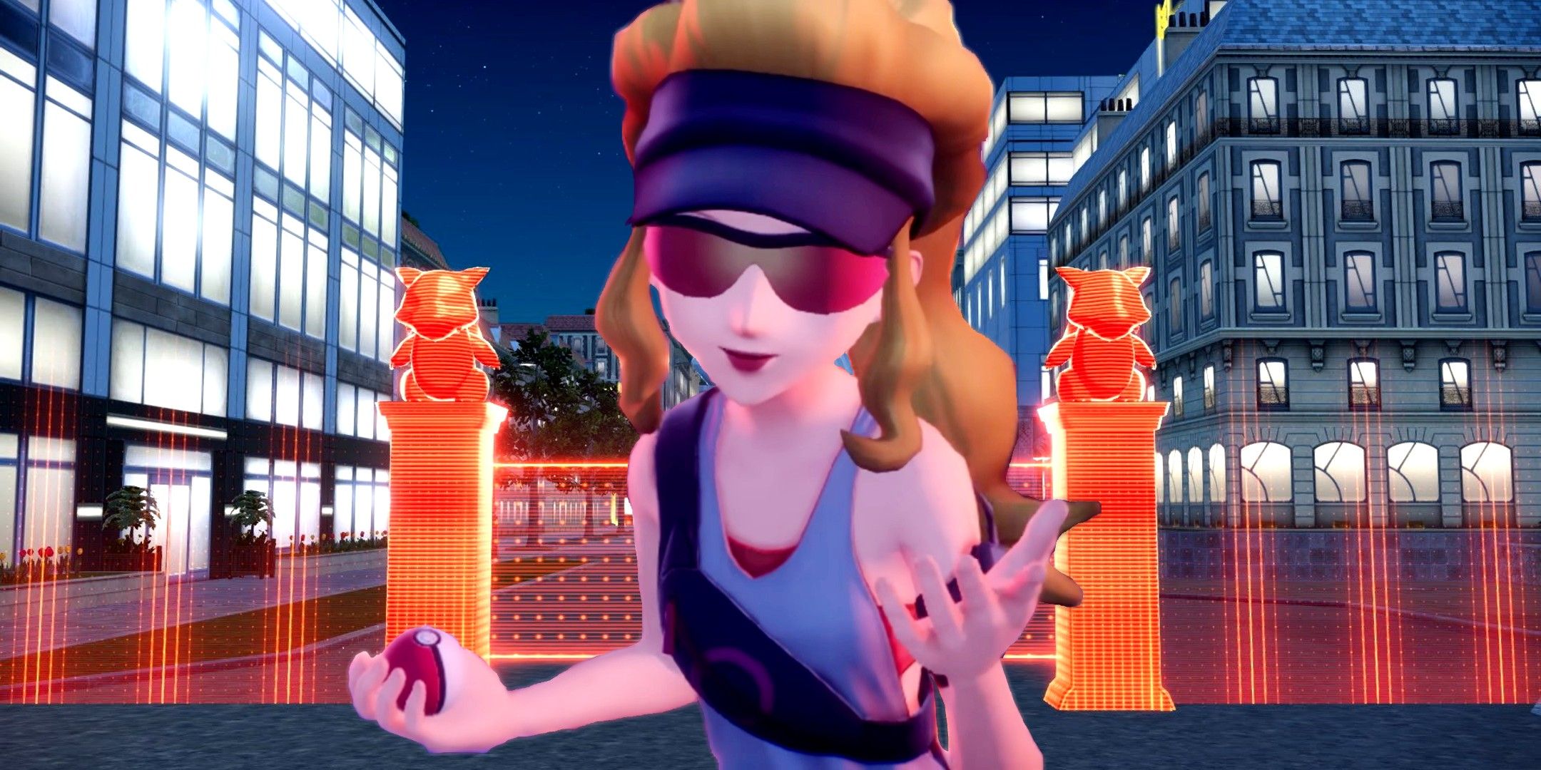 An NPC trainer from Pokémon Legends: Z-A with a Battle Zone in the background.