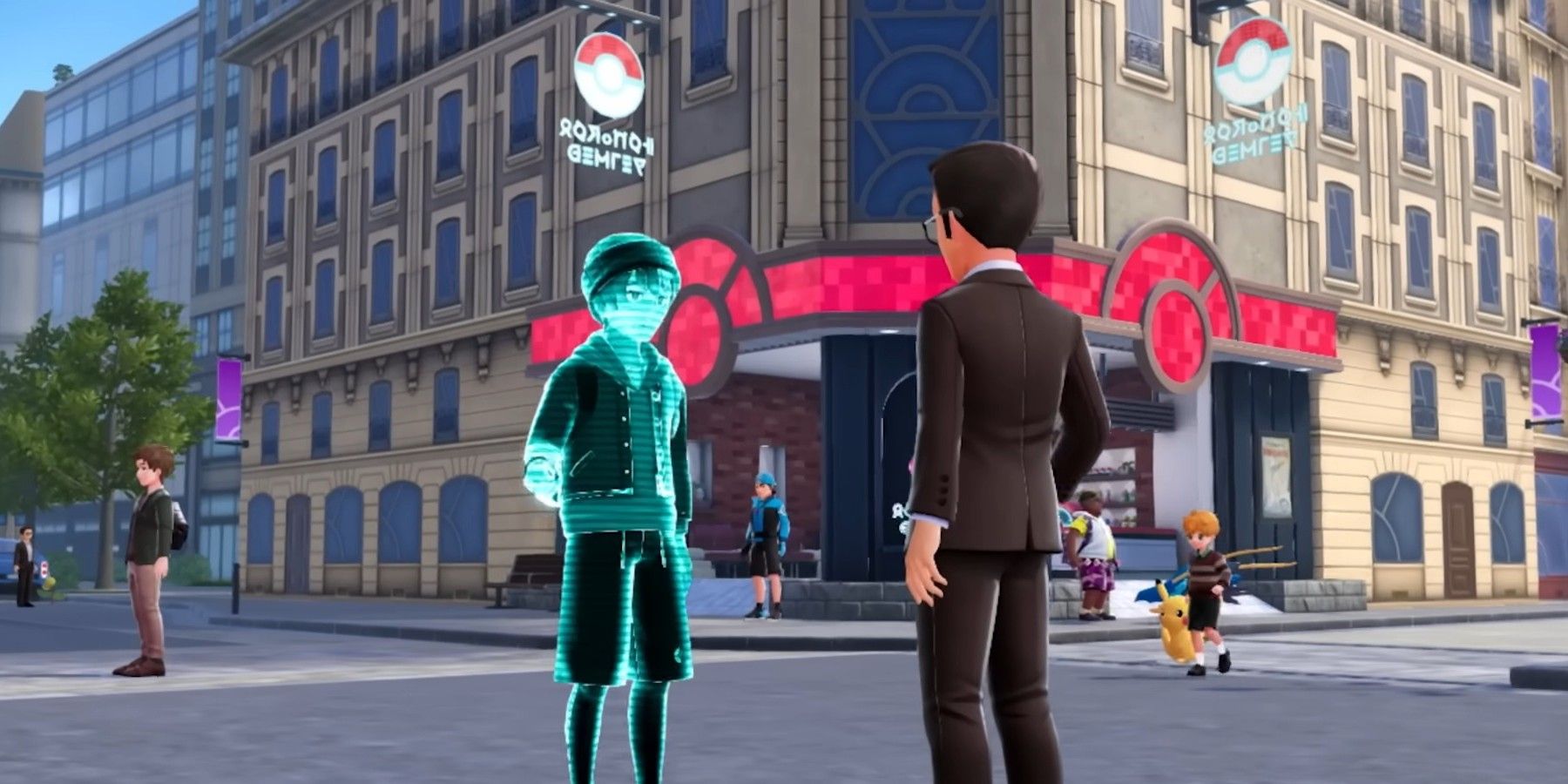 An NPC speaking to a holographic character in Pokémon Legends: Z-A.