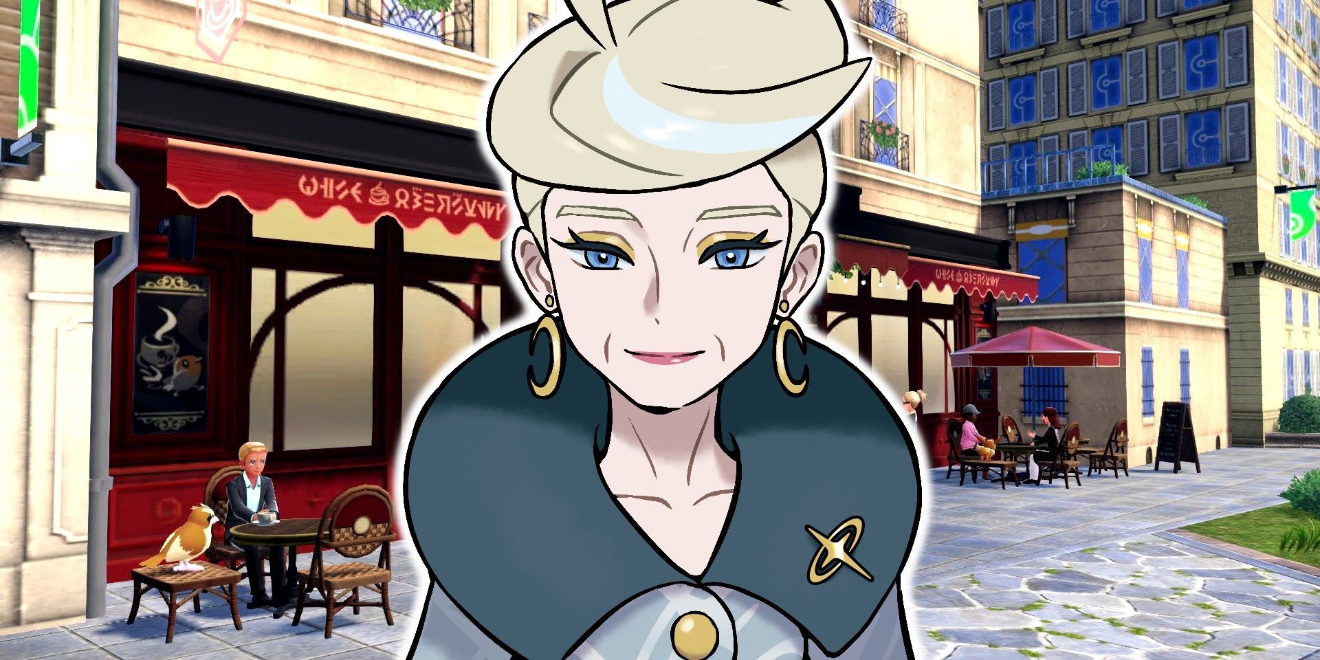 Jett, the CEO of Quasartico Inc. from Pokémon Legends: Z-A with a  street scene of Lumiose City in the background.