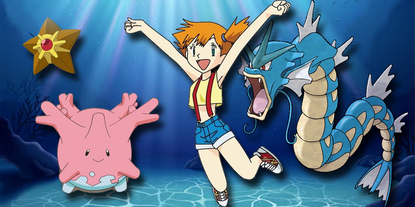 Misty surrounded by Staryu, Corsola, and Gyarados underwater.