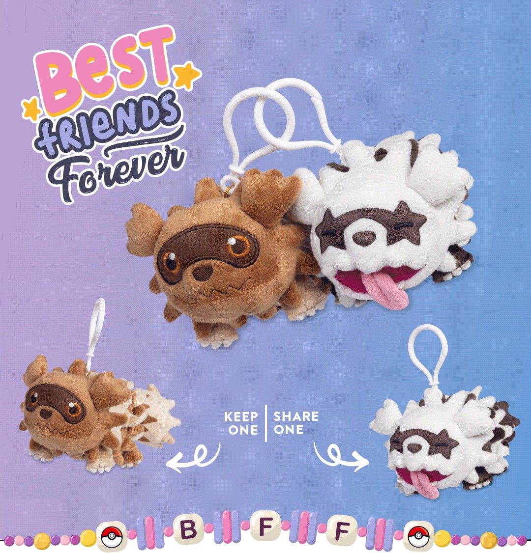 Pokemon Parallel pairs promotional image of zigzagoon keychain from parallel pairs line of plush keychains