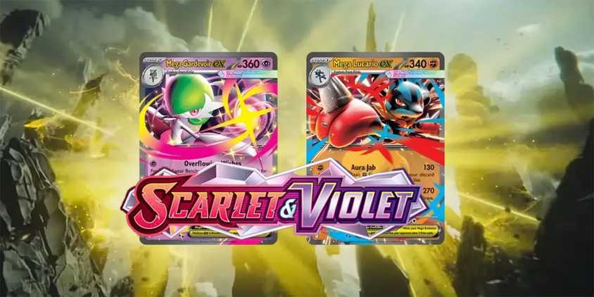 Mega Evolution Pokemon ex cards behind the Scarlet & Violet era logo