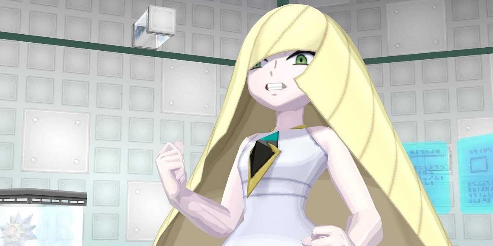 Lusamine from Pokemon Sun and Moon looking angry before battling the player.