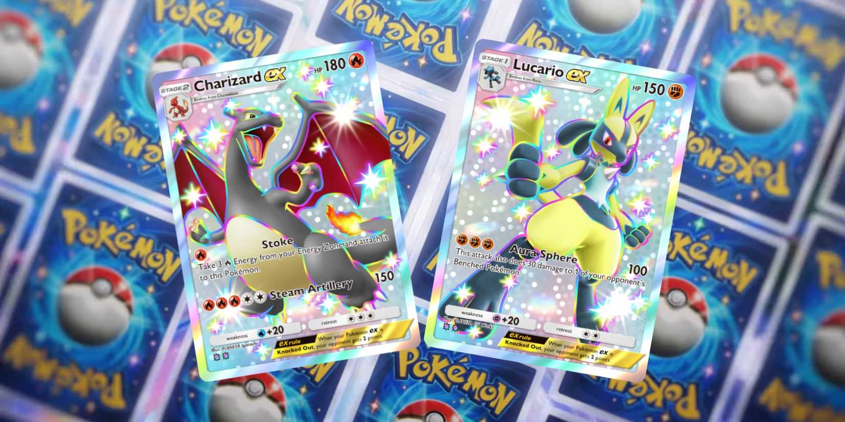 Shiny Charizard and Lucario cards from Pokémon Trading Card Game Pocket's Shining Revelry set with a series of card backs in the background.