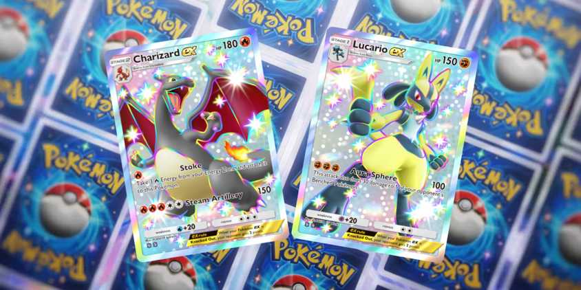 Shiny Charizard and Lucario cards from Pokémon Trading Card Game Pocket's Shining Revelry set with a series of card backs in the background.
