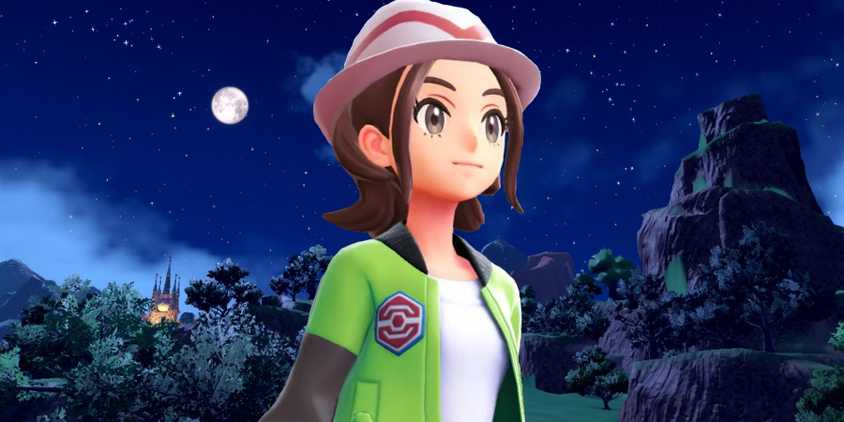 Pokemon Legends: Z-A's female protagonist with a night scene from Pokemon Scarlet and Violet.