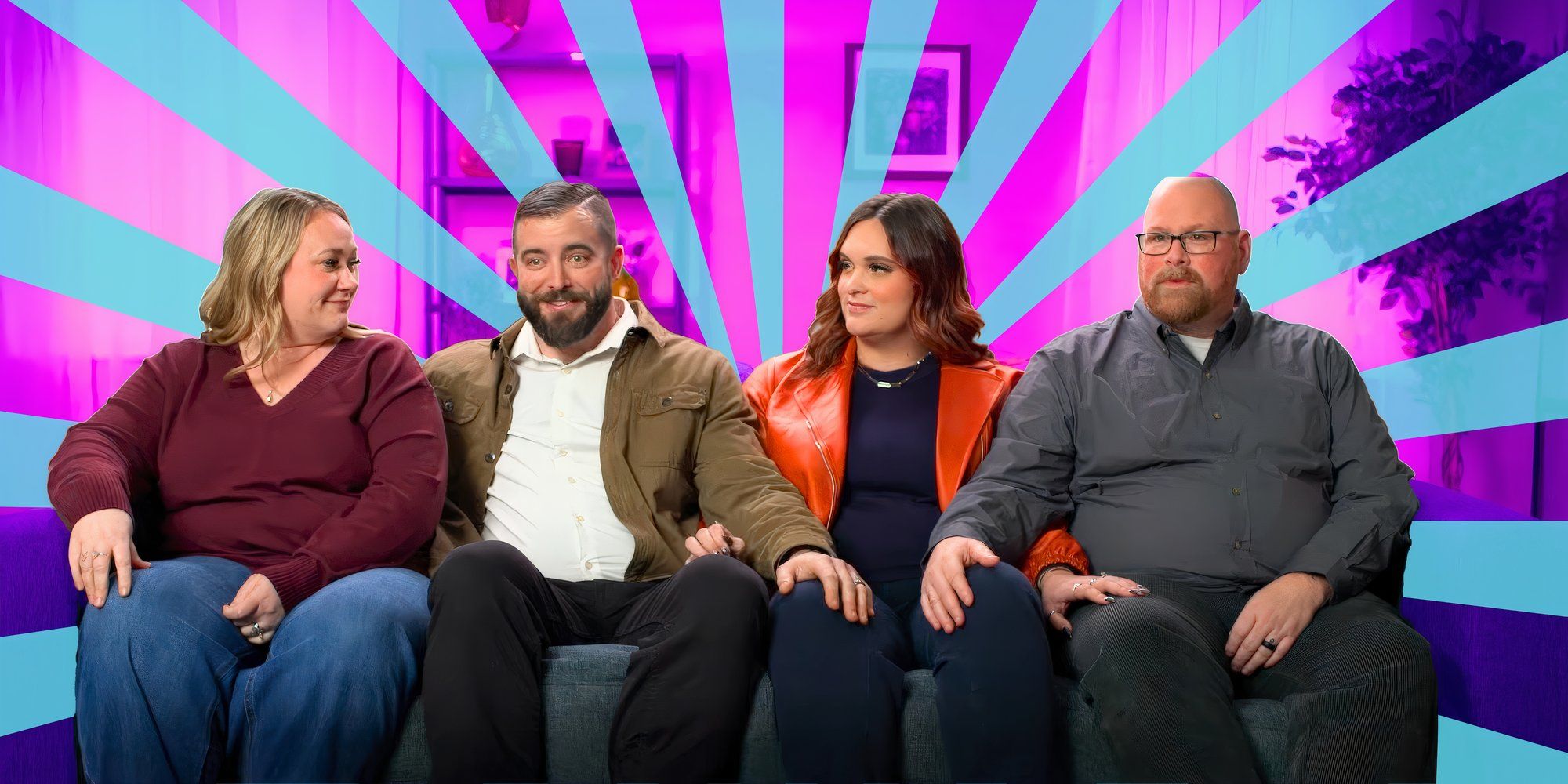poltfamily season 1 stars on couch looking serious while touching and striped background