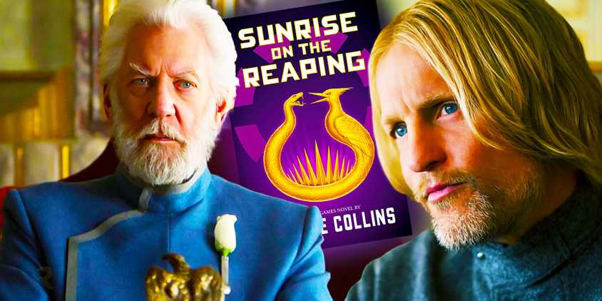 President Snow looking angry and Haymitch Abernathy smirking with Sunrise on the Reaping in the middle