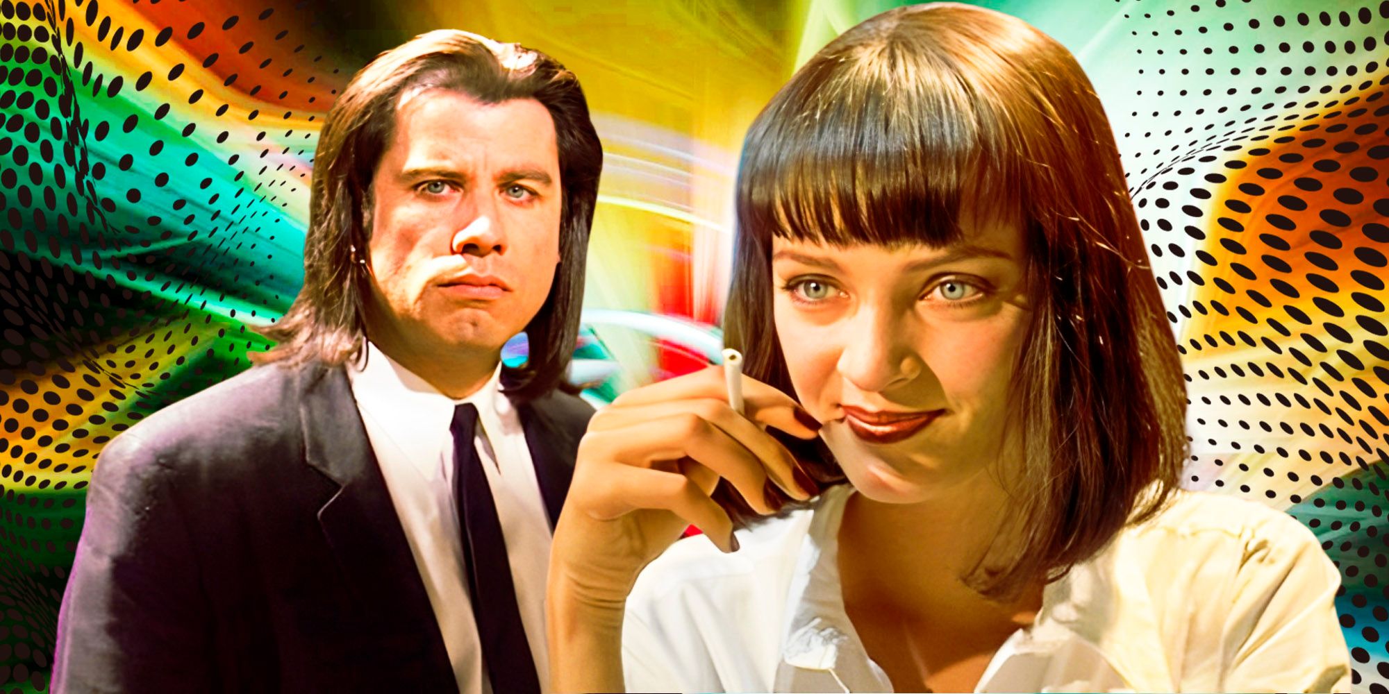 Pulp Fiction - Mia smiling and Vincent looking serious