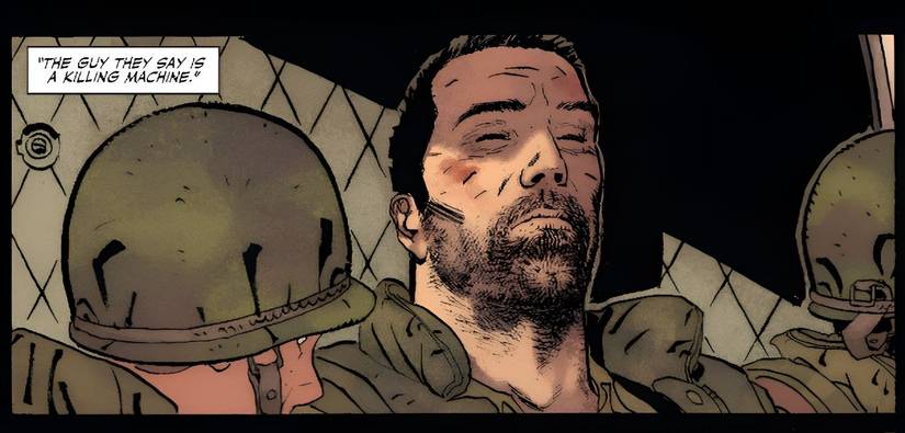 Punisher rests in a plane.