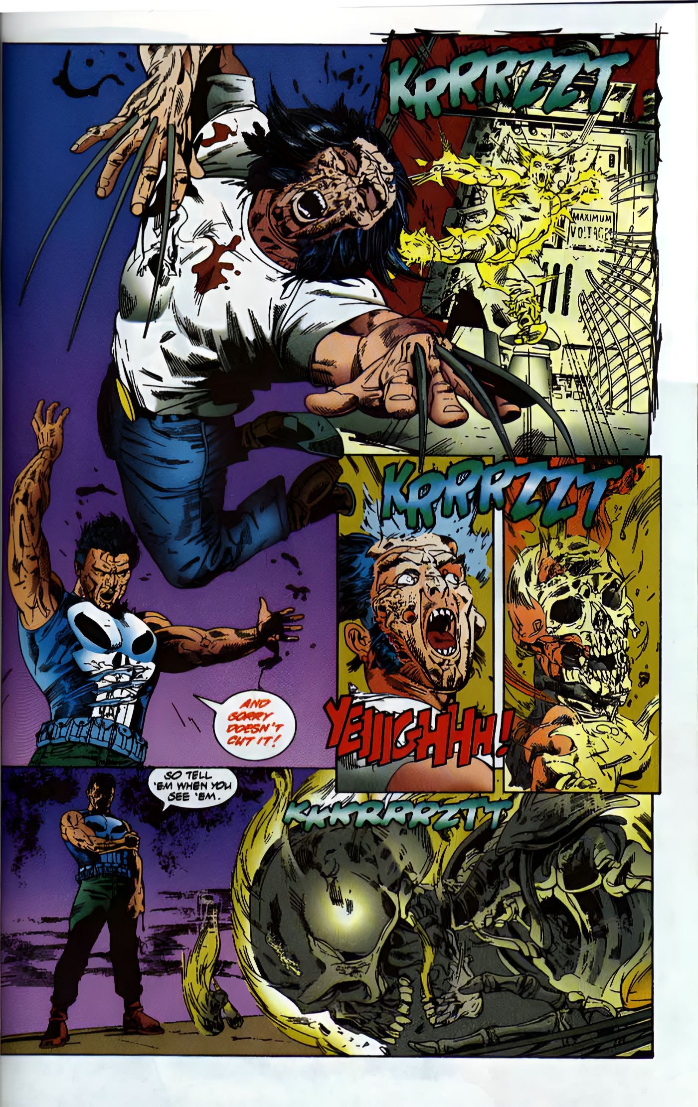 Punisher throws Wolverine into an electrical grid, searing the flesh off Wolverine.