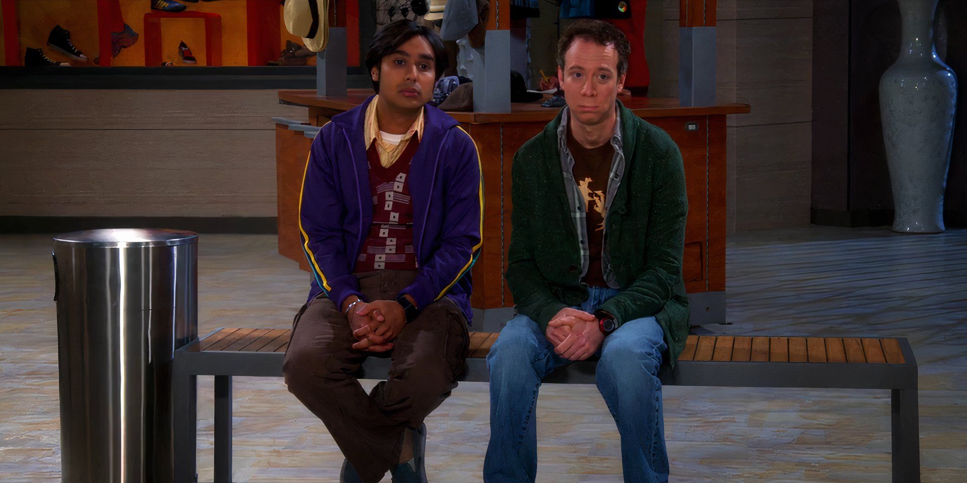 Raj and Stuart on mall bench in Big Bang Theory