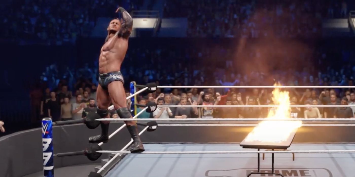 Randy Orton Taunting with a Flaming Table in the ring in WWE 2K25