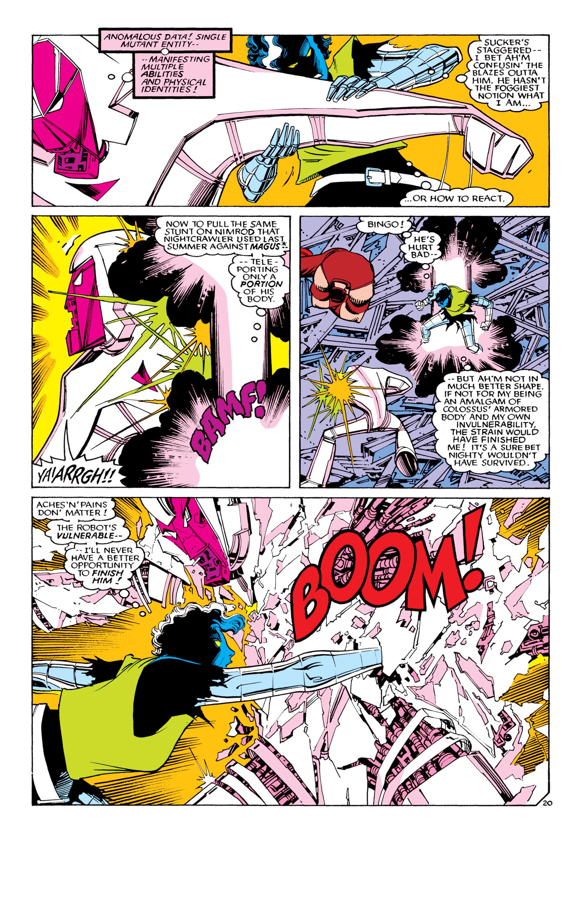 Rogue, who looks like a mix of Nightcrawler and Colossus, punches through Nimrod.