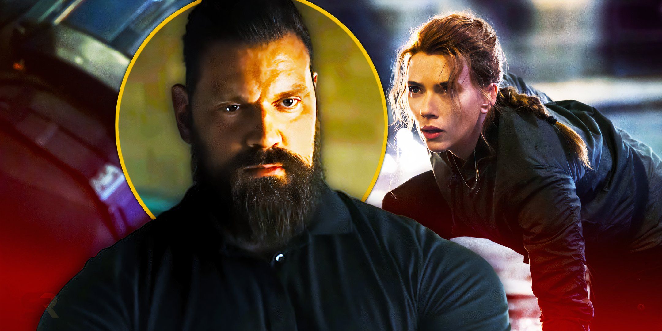 Olivier Richters in Reacher, alongside  Scarlett Johansson&rsquo;s Black Widow from the MCU, both looking determined, custom image