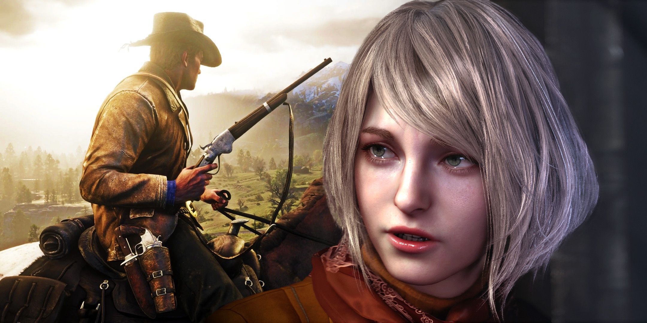 Red Dead Redemption 2 Arthur on horseback next to Ashley from Resident Evil 4 Remake.