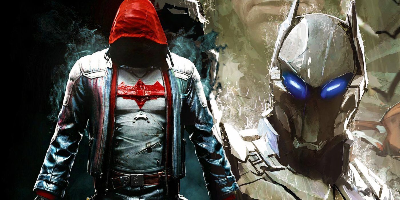 Red Hood in shadow to the left and Arkham Knight in painted art style to the right