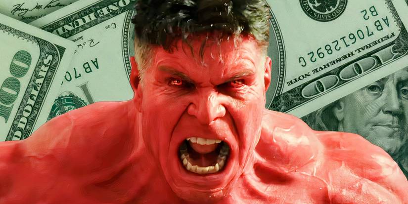Red Hulk from Captain America Brave New World snarling in front of money