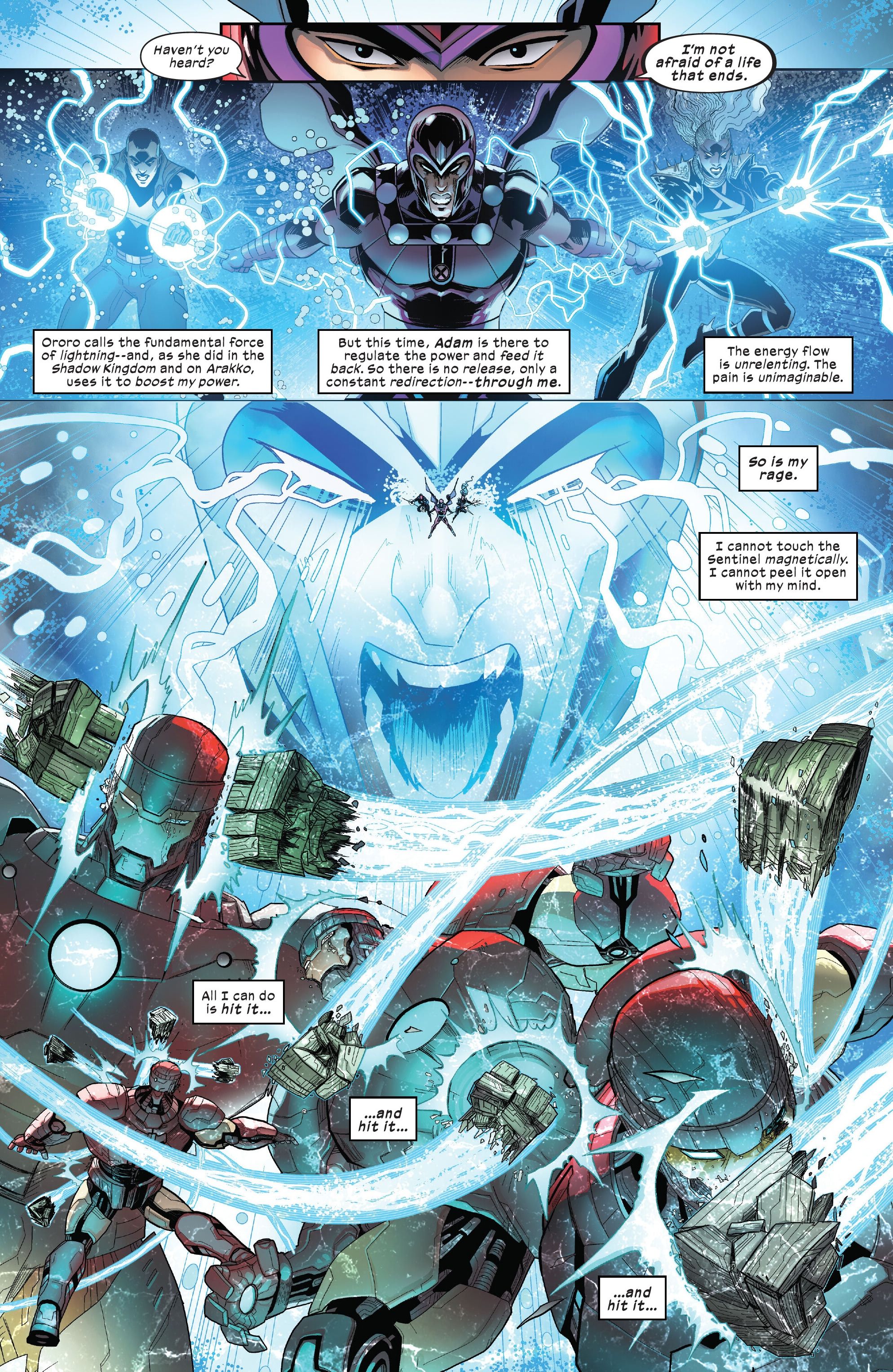 Magneto, Storm, and Blue Marvel combine powers to destroy a wave of Stark Sentinels