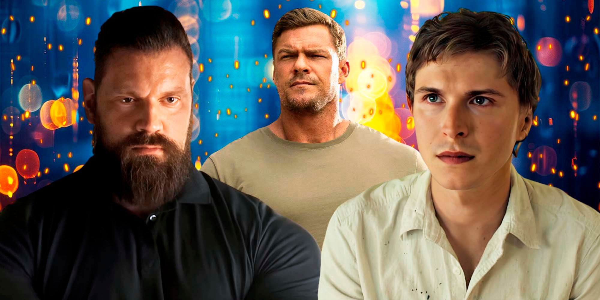 Richard Beck (Johnny Berchtold), Reacher (Alan Ritchson) and Paulie (Olivier Richters) in a collage
