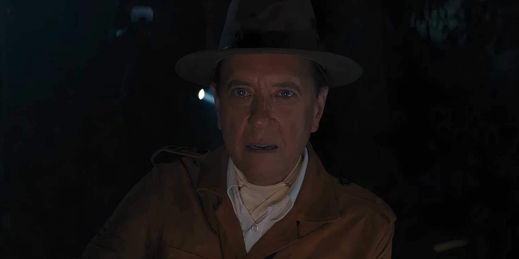 Richard E. Grant as Odell looking awed by a unicorn in Death of a Unicorn