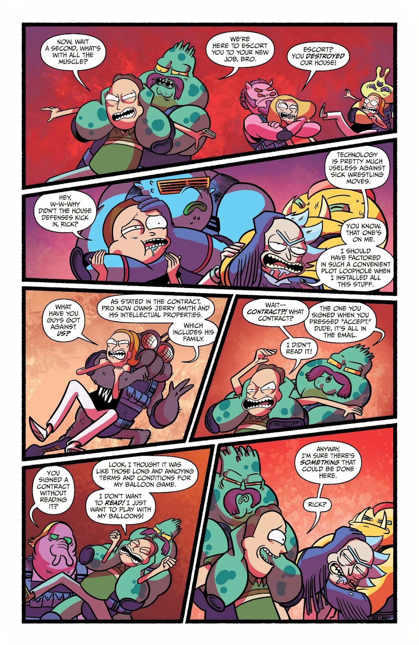 Rick and Morty wrestling aliens.