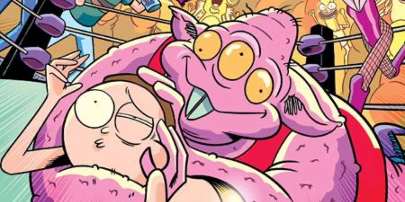 Rick and Morty wrestling aliens and each other.