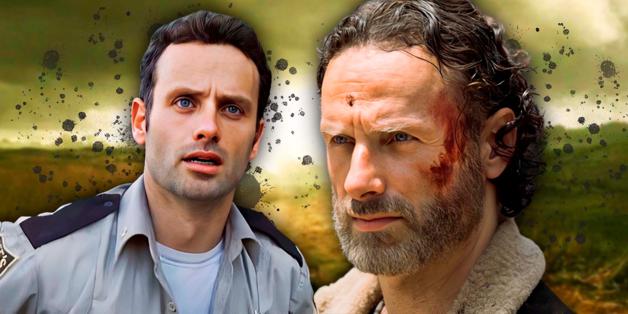 Rick Grimes (Andrew Lincoln) from the early seasons of The Walking Dead next to Rick in the later seasons