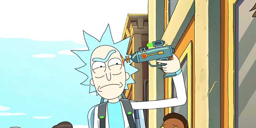 Rick holds a ray gun to his head in the street scaring onlookers in Rick and Morty season 7 episode 3