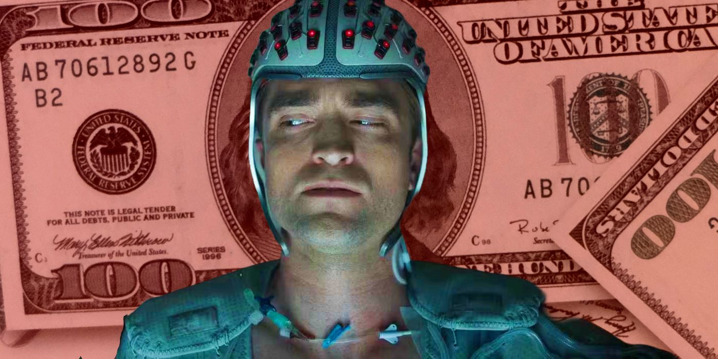 Robert Pattinson wearing a helmet in Mickey 17 in front of red money