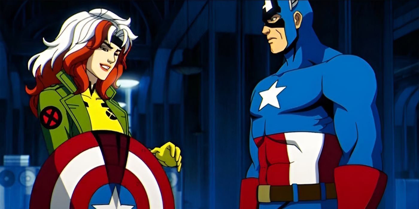 Rogue and Captain America talk while Rogue holds Cap&rsquo;s shield