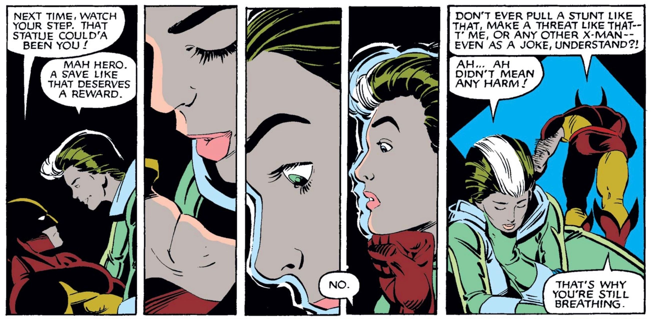 Rogue tries to kiss Wolverine, but Wolverine rejects her.
