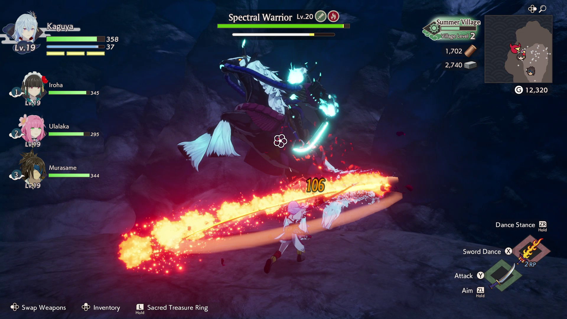 Rune Factory Guardians Of Azuma combat showing a fiery sword attack against a horse-like monster called a Spectral Warrior.