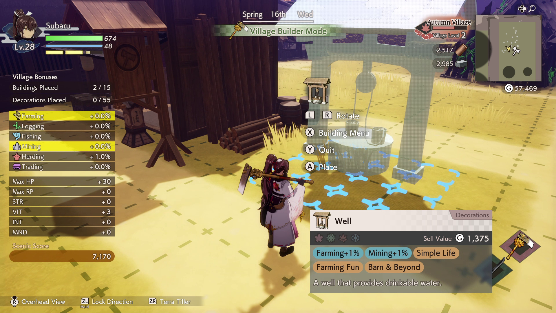 Rune Factory Guardians Of Azuma Village Builder mode showing the player placing a well.