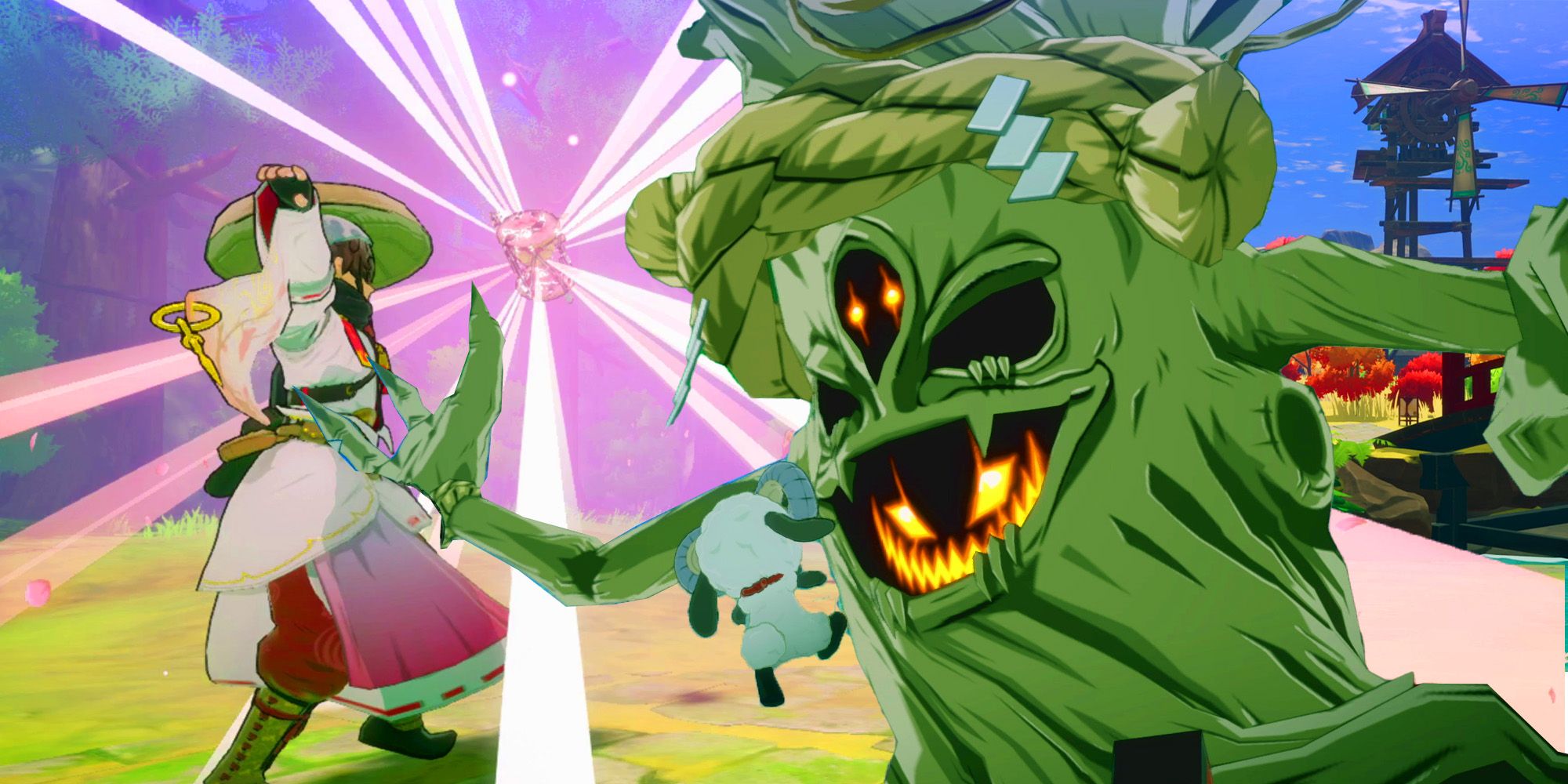Rune Factory image showing a player on the right doing an attack as a bright light flashes before them, on the right is a large tree-like monster.