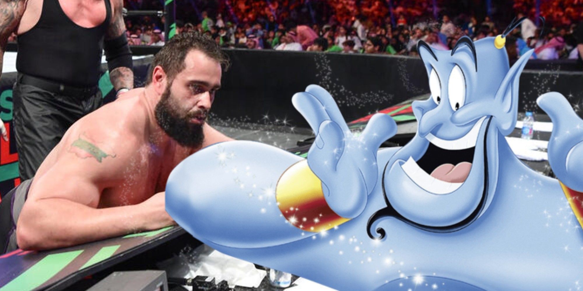 Rusev vs Undertaker at WWE Saudi Arabia background Genie from Aladdin in foreground feature image