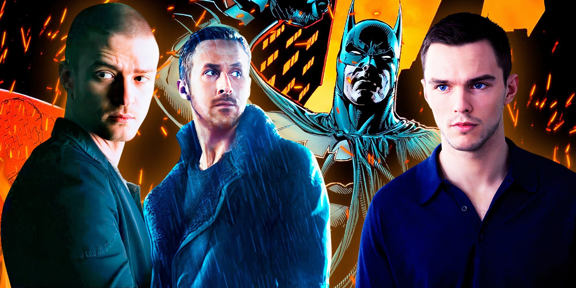 Ryan Gosling, Nicholas Hoult, and Justin Timberlake in front of a DC Batman background