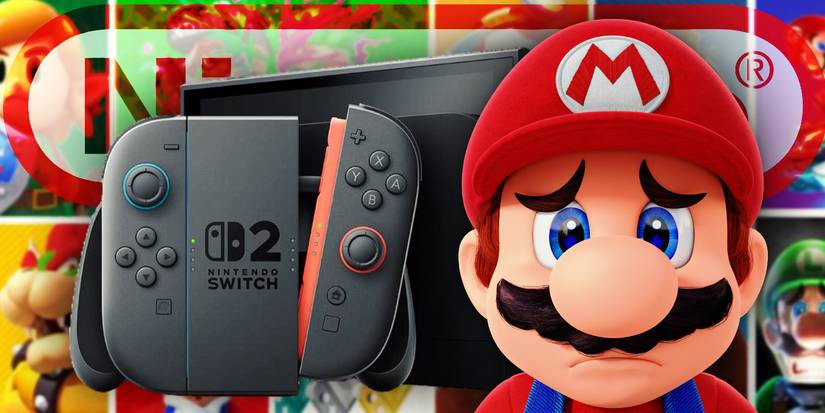 Sad Mario standing beside a Nintendo Switch 2.