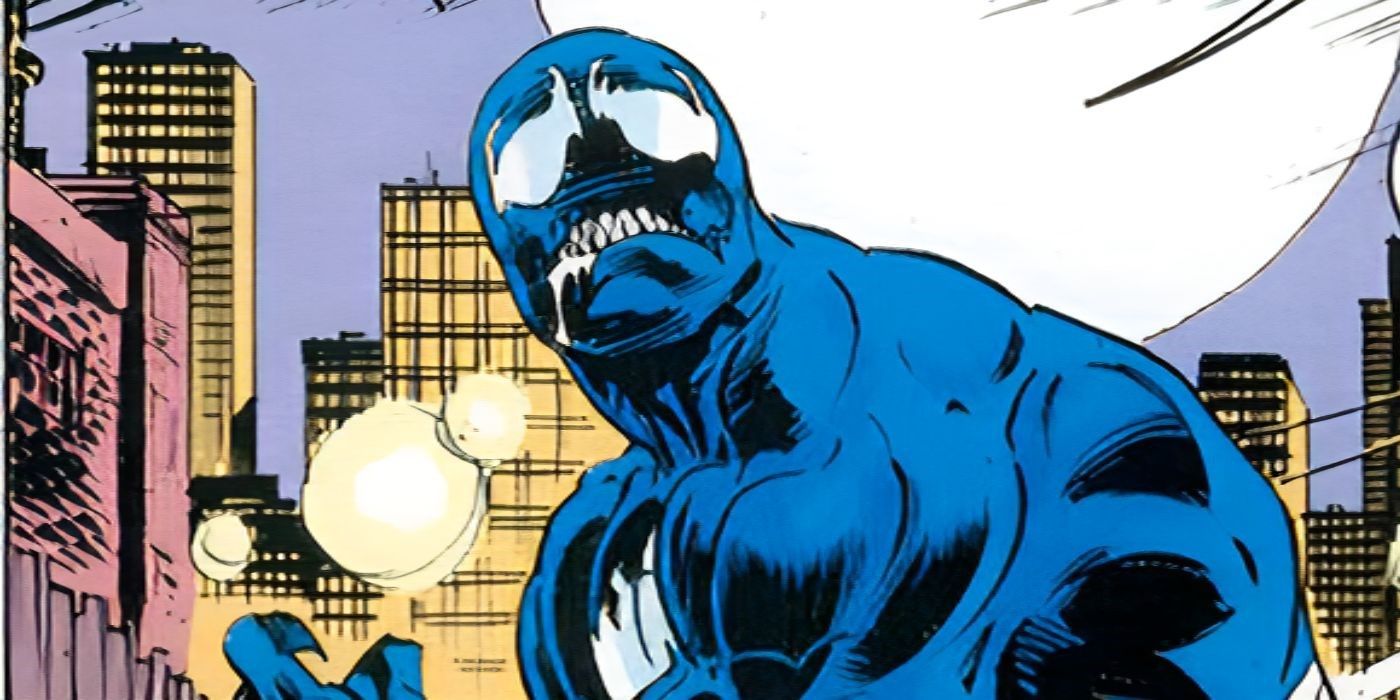 Venom makes a sad face with drool coming out of his mouth.
