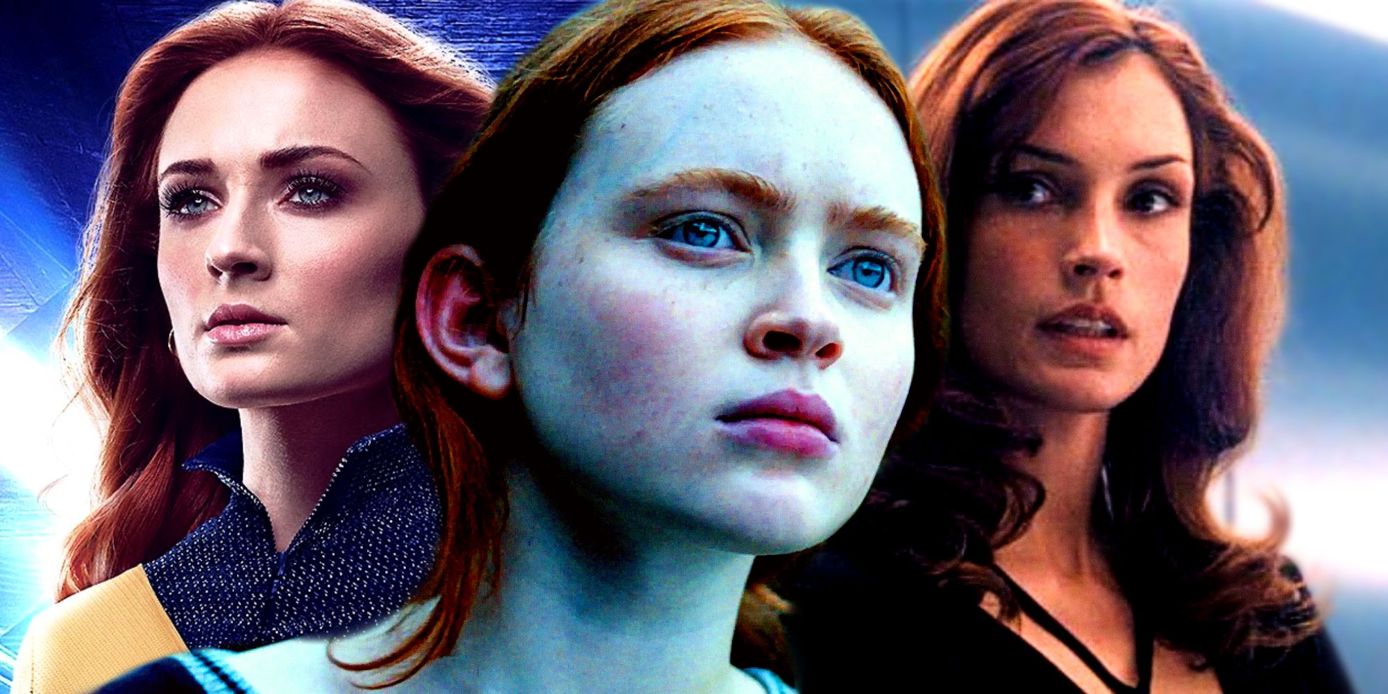 Sadie Sink&rsquo;s Max Mayfield looks pensive standing in front of Famke Janssen and Sophie Turner&rsquo;s Jean Grey in Fox&rsquo;s X-Men movies