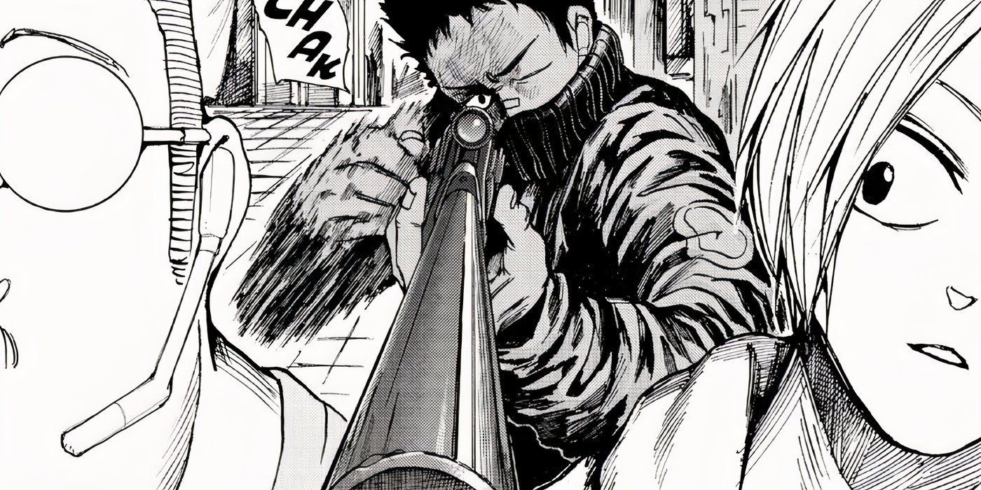 Heisuke pointing his sniper between Sakamoto and Shin in Sakamoto Days.
