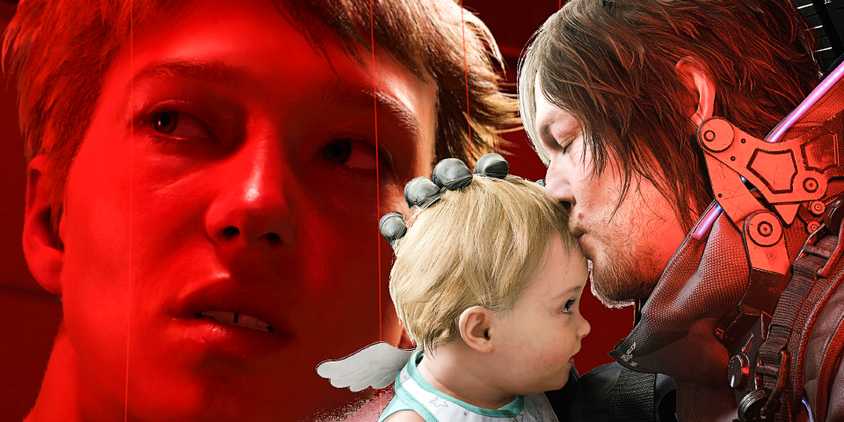 Sam kisses Lou on the forehead while a worried looking Fragile looks off into the distance in screenshots from Death Stranding 2.
