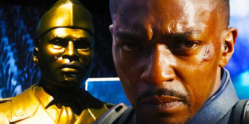 Sam Wilson in Captain America Brave New World and Isaiah Bradley's statue in The Falcon and the Winter Soldier