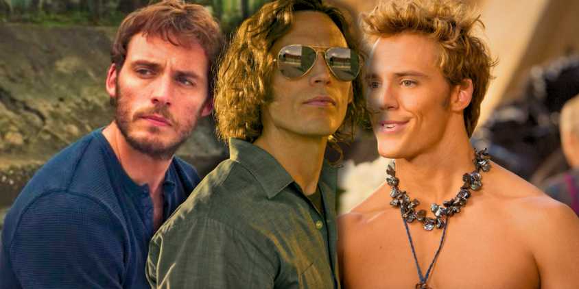 A collage of Sam Claflin in roles in Adrift, Daisy Jones and the Six, and Hunger Games: Catching Fire