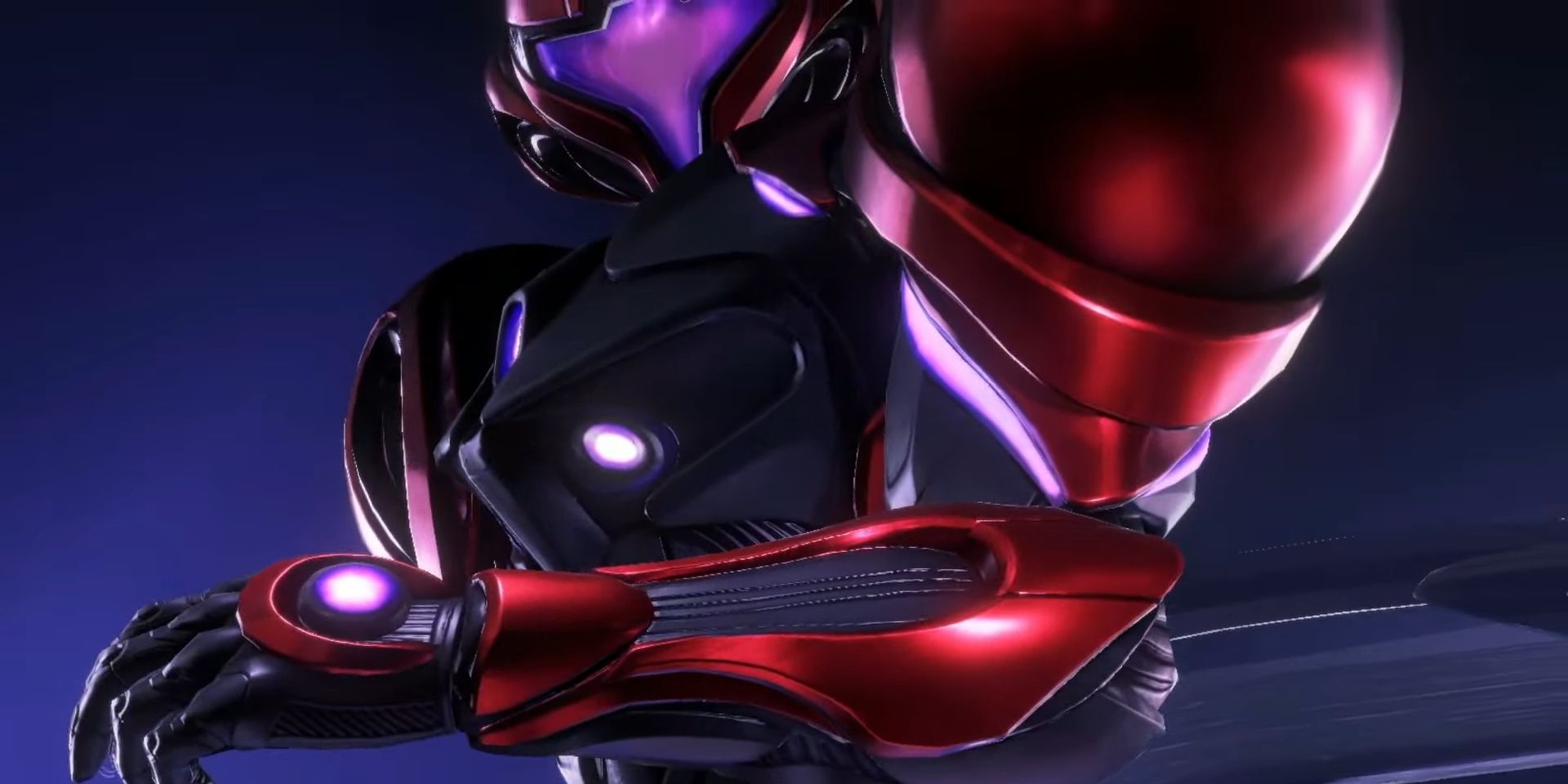 Samus looking down at her arm in her new suit in Metroid Prime 4.