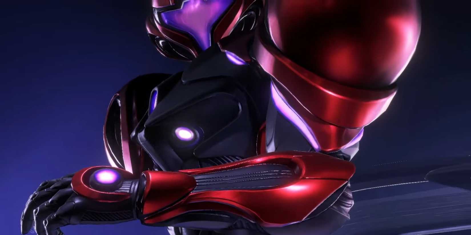 Samus looking down at her arm in her new suit in Metroid Prime 4.