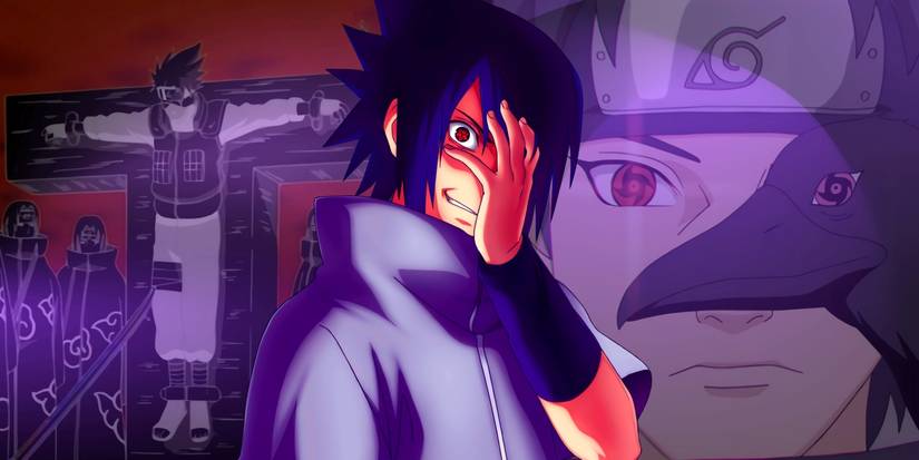 Sasuke holding his head as he laughs. Behind him, Itachi's Tsukuyomi and Shisui's Kotoamatsukami can be seen.