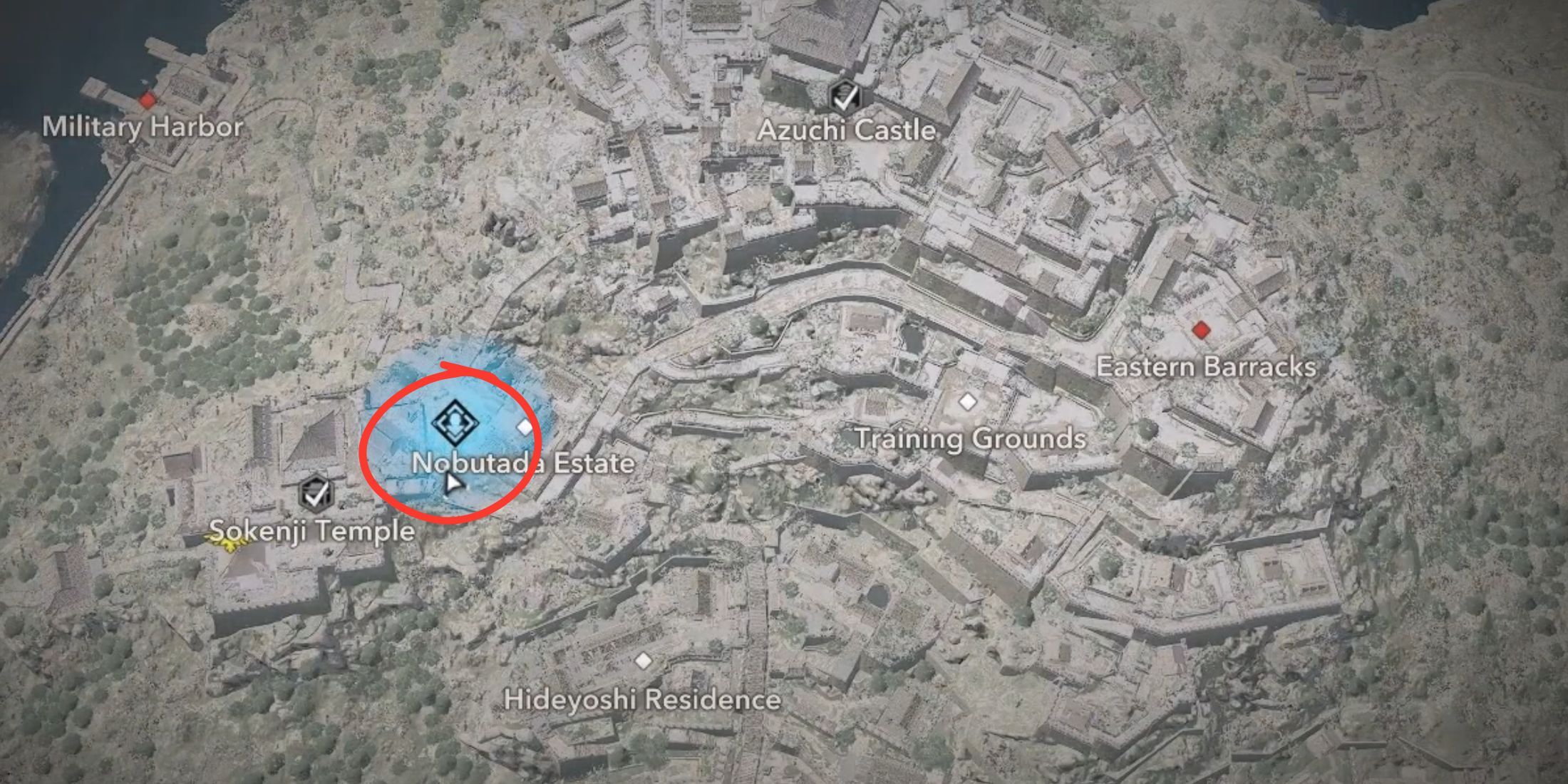 The map location for Sato Genta in AC Shadows